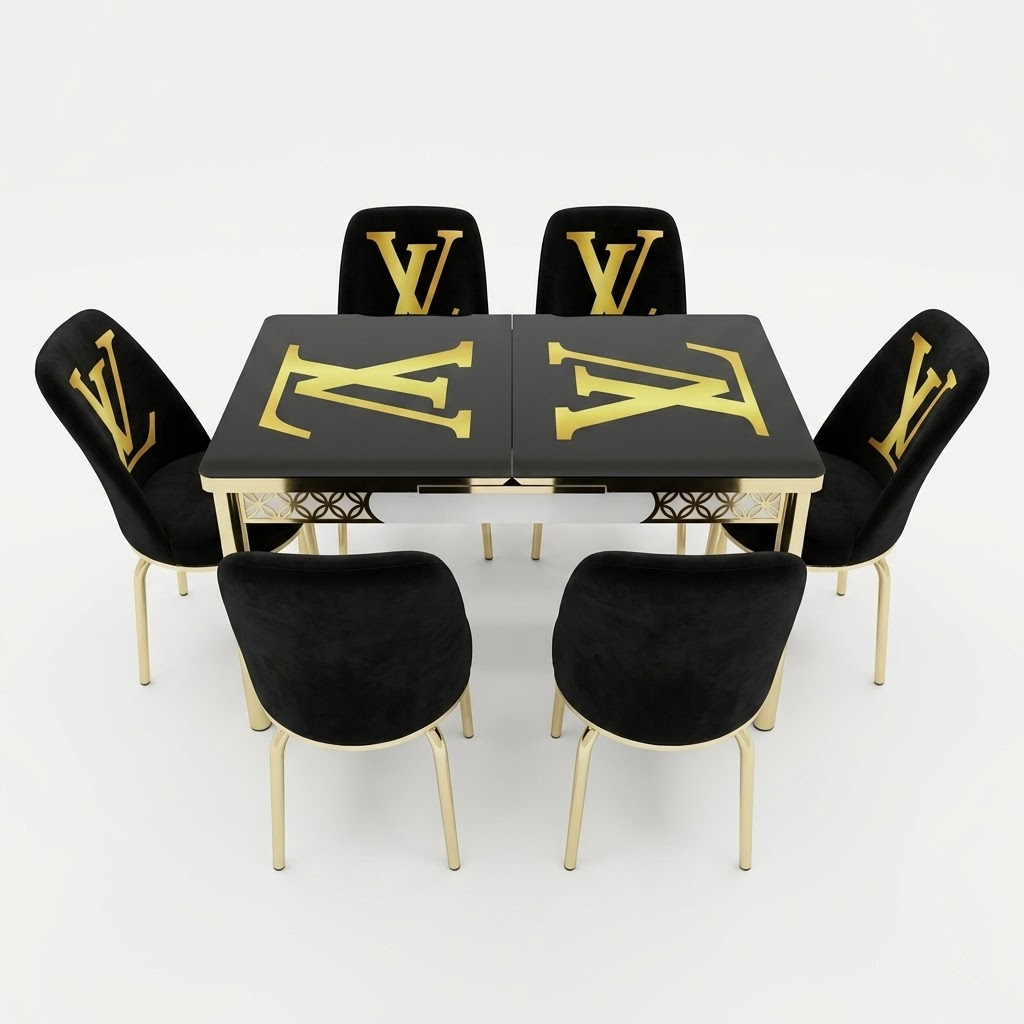 Luxury LV Black & Gold 6-Seater Extendable Dining Set with Printed Glass Top