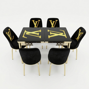 Luxury LV Black & Gold 6-Seater Extendable Dining Set with Printed Glass Top