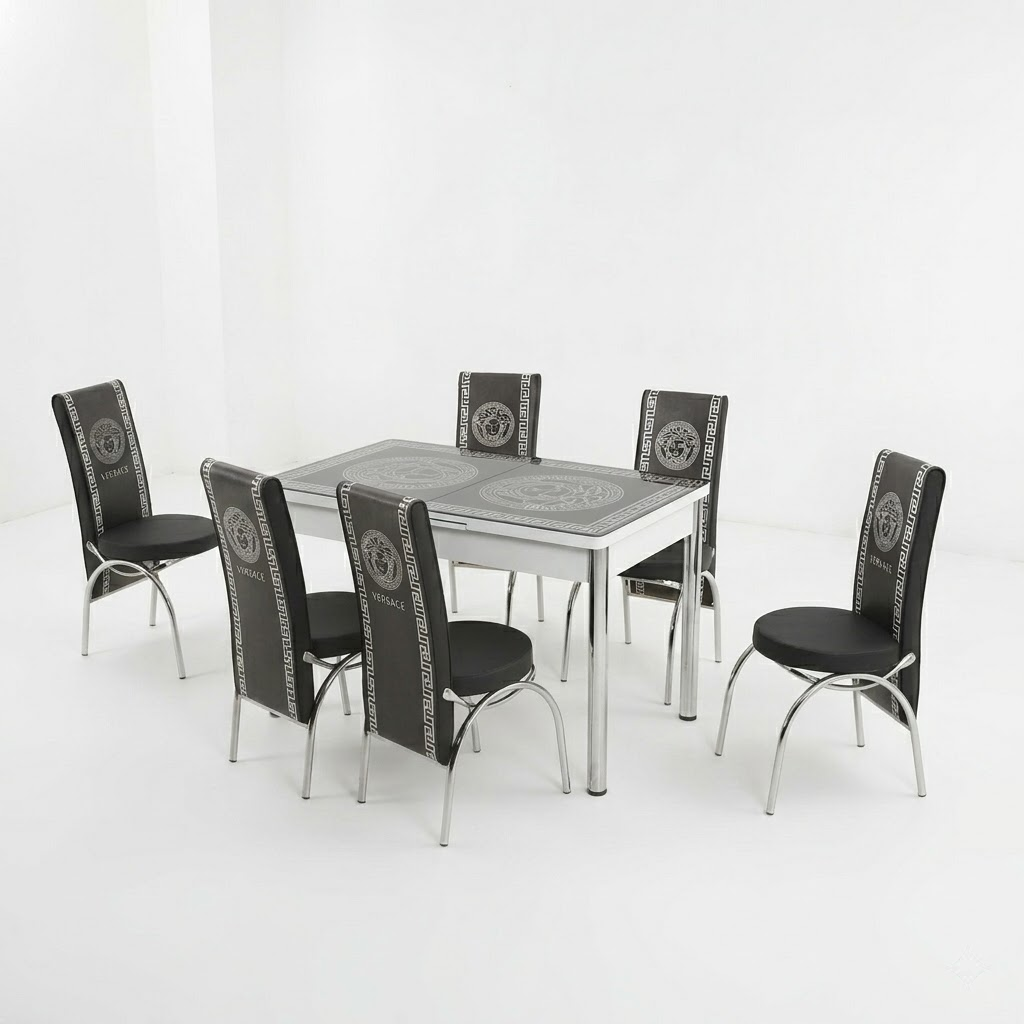 Premium Turkish Dining Set with Luxury Versace Printed Glass Top and 6 Chairs