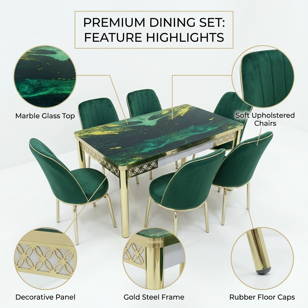 Luxury Green Velvet Dining Set with Gold Coated Steel Frame Table With 6 Chairs