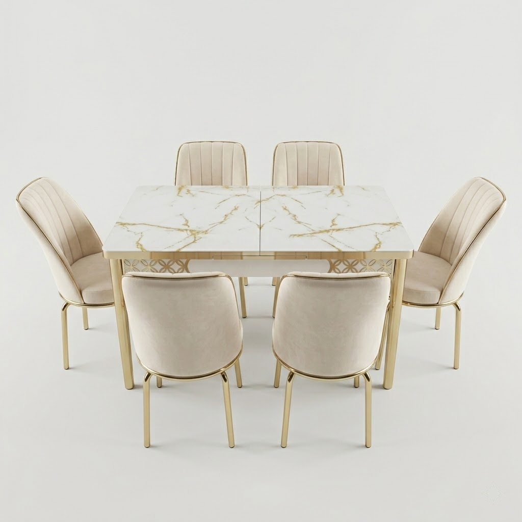 Luxury Cream 6-Seater Extendable Dining Table Set with Printed Glass Top
