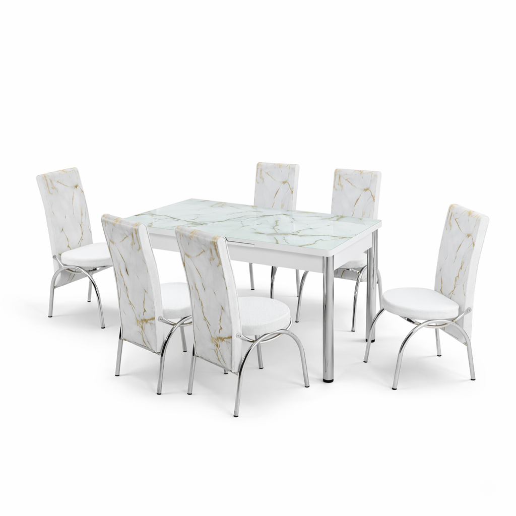 Premium White Marble Turkish Dining Set with 6 Elegant Chairs Luxury Modern Collection