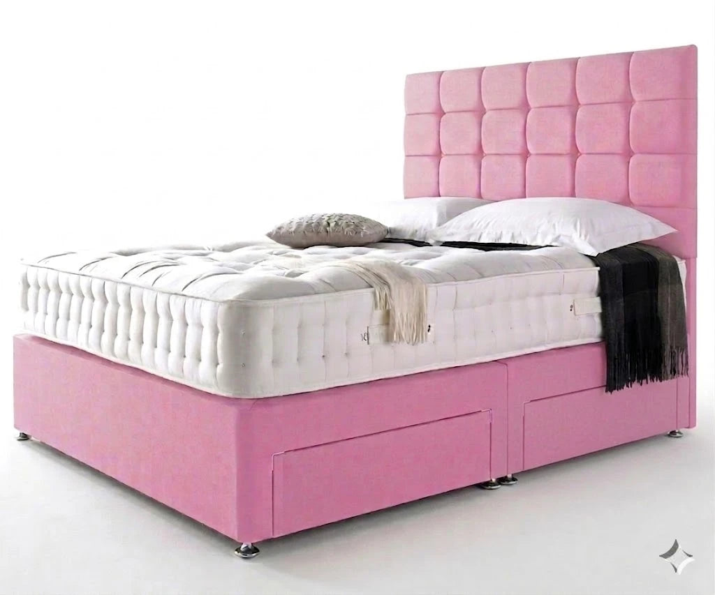 Pink bed with tufted headboard and white mattress on a white background