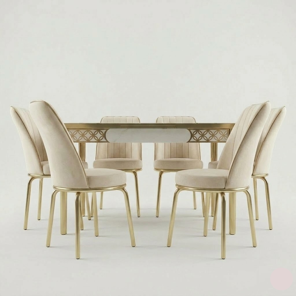 Dining table set with six matching chairs on a light gray background