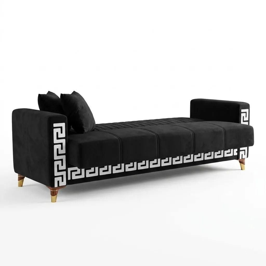 Black sofa with decorative white patterns on a white background