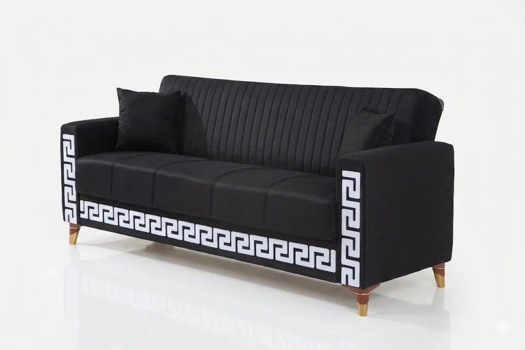 Black sofa with decorative white patterns on a white background