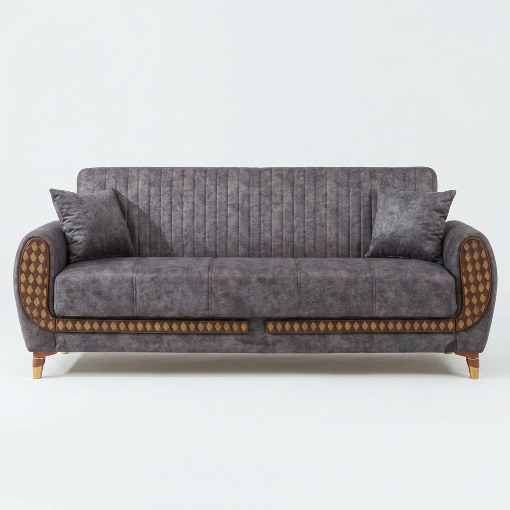 Gray sofa with decorative armrests on a white background