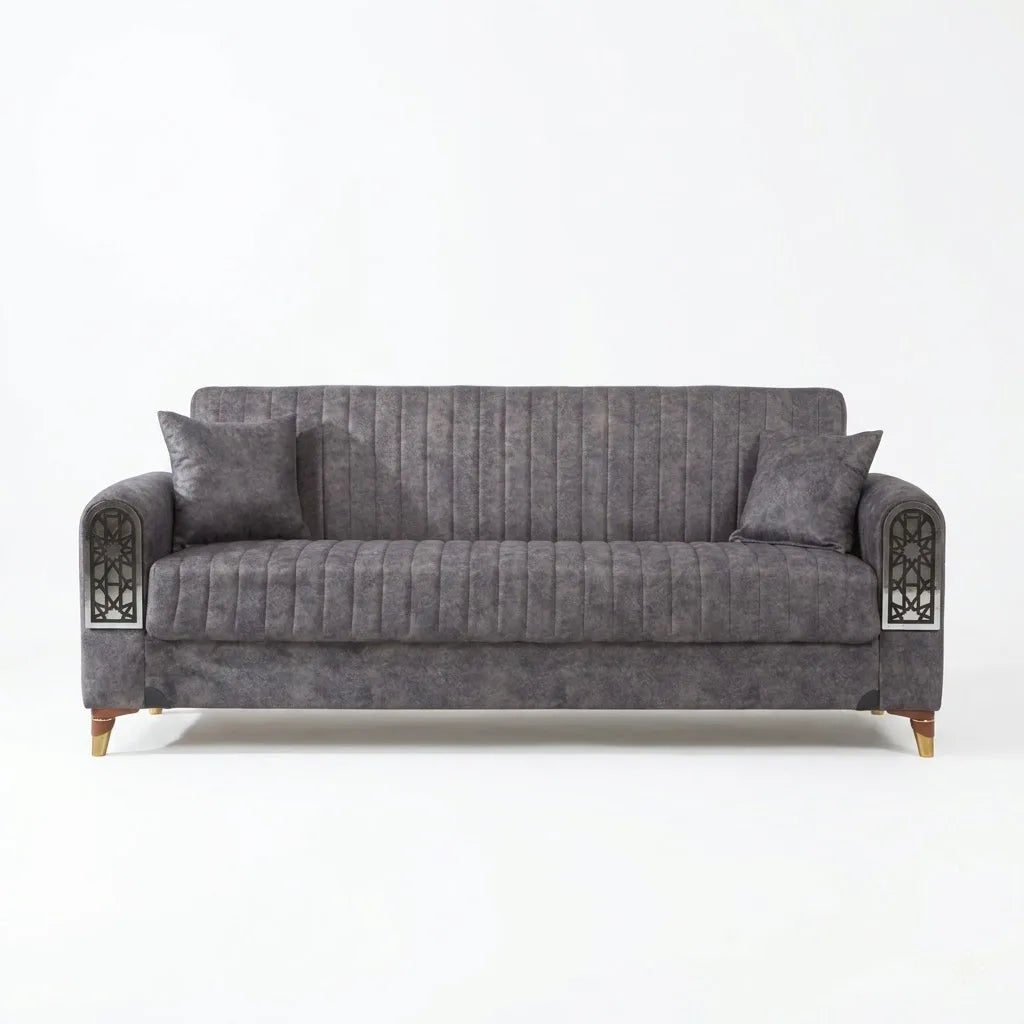 Gray sofa with decorative armrests on a white background