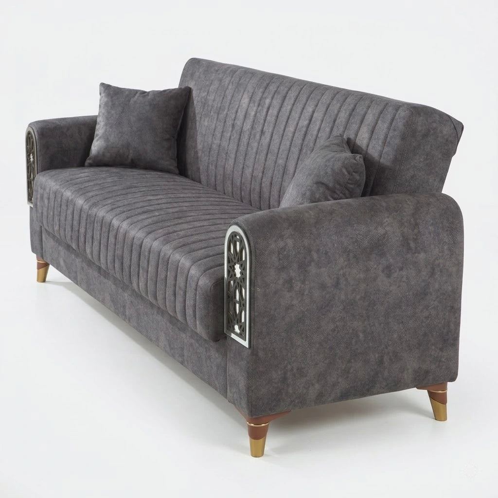 Gray sofa with decorative pillows on a white background