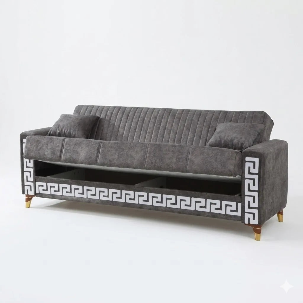 Gray sofa with decorative patterns on a white background
