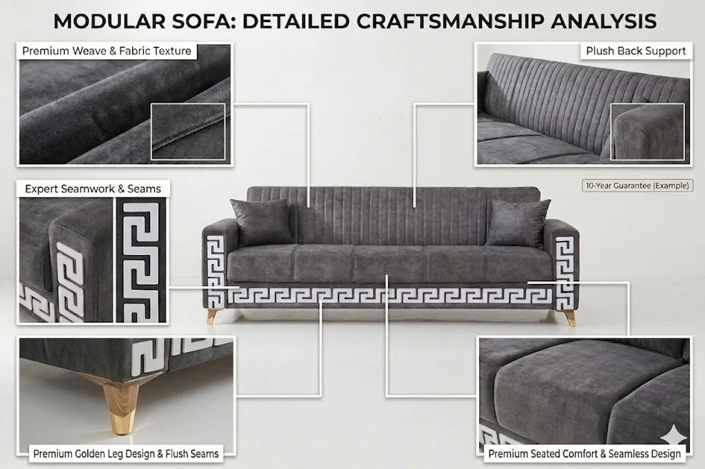 Gray modular sofa with detailed craftsmanship analysis on a white background