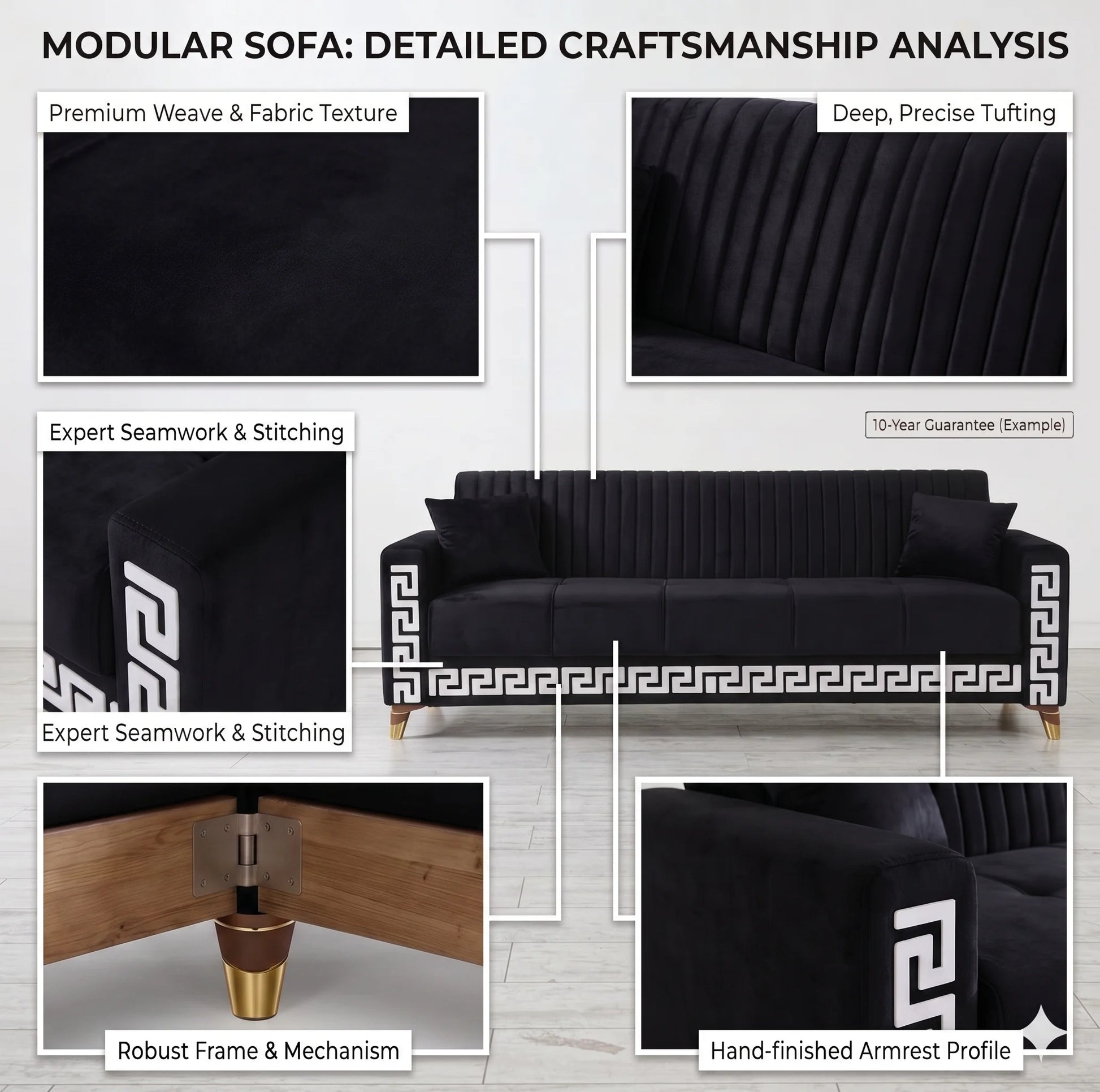Modular sofa with detailed craftsmanship analysis on a white background