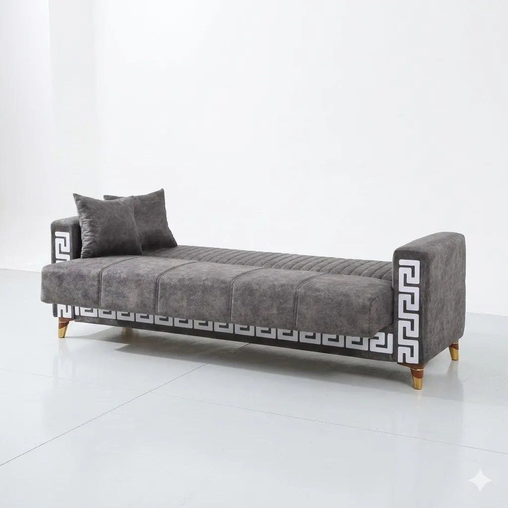 Gray sofa with decorative patterns on a white background