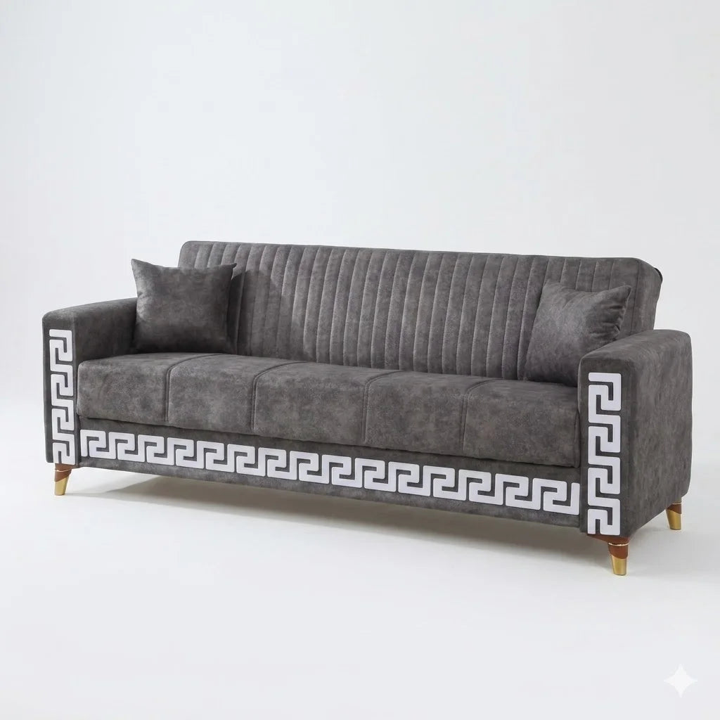 Gray sofa with decorative patterns on a white background