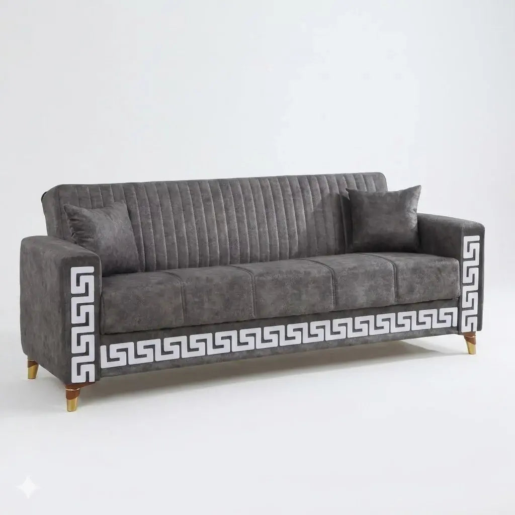 Gray sofa with decorative patterns on a white background